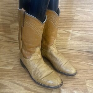 VTG Justin Roper Boots Exotic Womans 7 1/2 B Smooth Ostrich L3022 Cognac Tan USA
